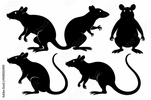 Set of rats black silhouettes, isolated on white. Vector illustration. 