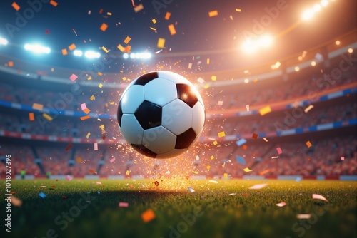 Soccer Ball In Stadium With Confetti And Lights