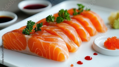 salmon sashimi artfully arranged on a minimalist white plate, with delicate garnishes and vibrant dipping sauce, creating a luxurious visual. photo