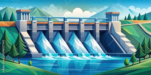 Abstract Vector Art of a Hydroelectric Dam Generating Power - Simple Geometric Design, Renewable Energy Concept, Modern Illustration for Sustainable Development and Environmental Awareness photo