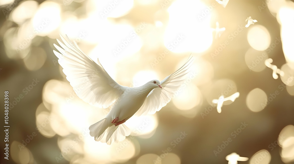 Fototapeta premium White Dove in Flight Against Glowing Background