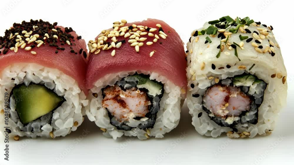 Three pieces of sushi, including tuna and shrimp rolls, are on a white plate Three pieces of sushi, including tuna and shrimp rolls, are on a white plate