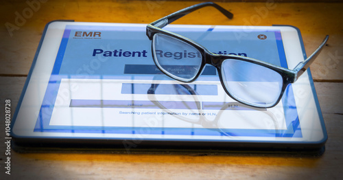Eyeglasses are placed on digital tablet showing patient registration application menu via internet.
