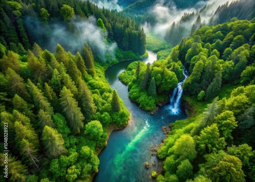 Aerial Serenity: Lush Forests, Winding Rivers, and Waterfalls in Nature's Embrace