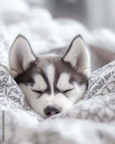 Siberian Husky puppy sleeping on the bed in the morning