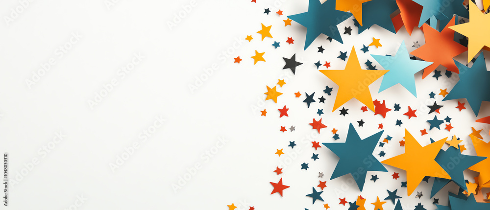 Fototapeta premium Colorful paper stars scattered on a white background, ideal for festive projects and creative designs.