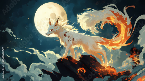 Bring to life the mythical allure of a kitsune with a high-angle shot highlighting its shape-shifting abilities against a moonlit backdrop. Shape-shifting Kitsune. Illustration photo