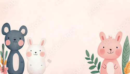 Obraz na płótnie Cute cartoon animals including a bear, bunny, and rabbit against a soft pastel background with leaves and flowers, perfect for children's designs. w salonie