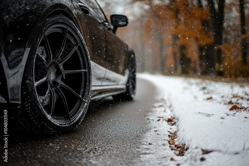 Luxury Car Wheel with Snowy Road Perspective