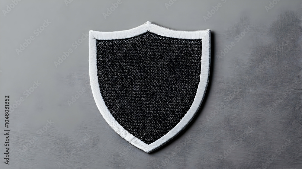 Embroidered White Shield Shaped Patch on Gray Background Embroidered White Shield Shaped Patch on Gray Background