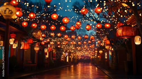 Streets lined with red lanterns and glowing with festive lights