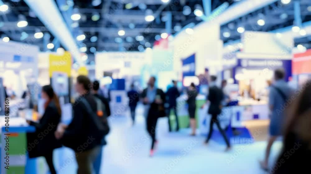 Blurred motion of people walking through a vibrant trade show or business exhibition, representing networking and professional gatherings.
Blurred motion of people walking through a vibrant trade show or business exhibition, representing networking and professional gatherings.