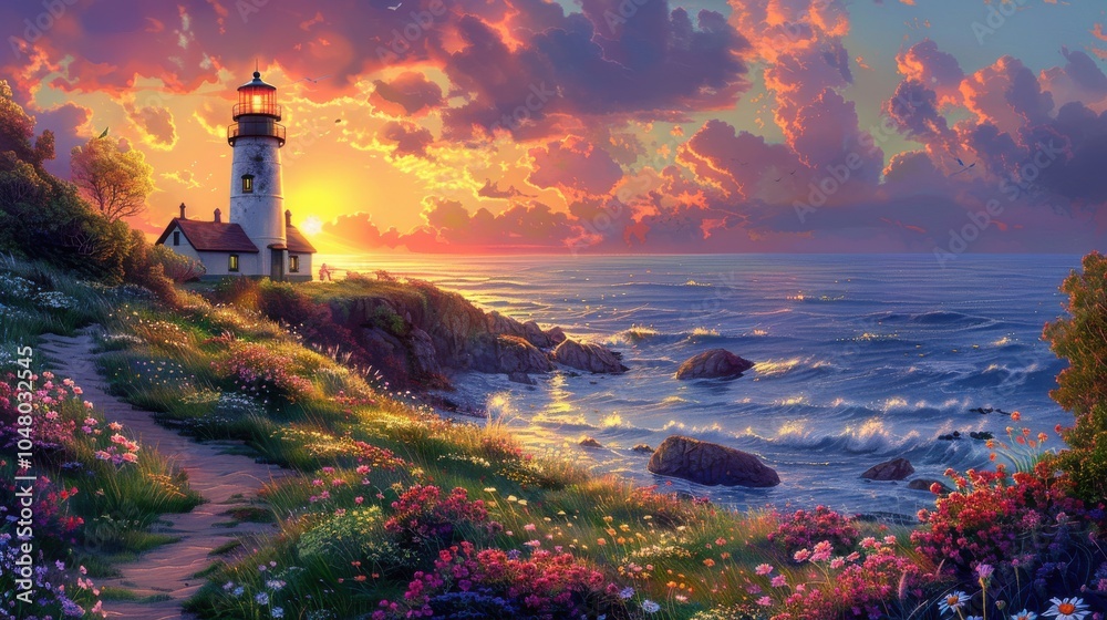 A painting of a lighthouse and a beach with a sunset in the background. Generative AI
