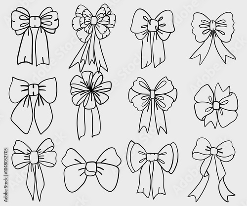 Vector illustration of ribbon bows in hand-drawn line art style, isolated on a white background. Perfect for design projects and digital prints, offering an elegant and creative touch.
