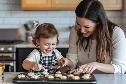 Mother and toddler baking cookies happily in the kitchen