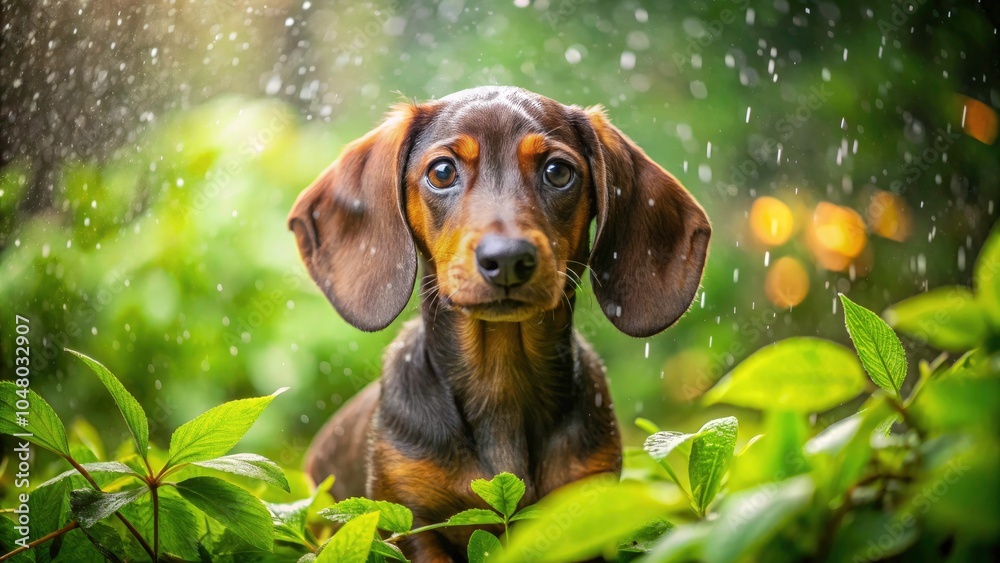Charming Dachshund Puppy Embracing a Rainy Day in Minimalist Style - Outdoor Portrait with Raindrops Charming Dachshund Puppy Embracing a Rainy Day in Minimalist Style - Outdoor Portrait with Raindrops