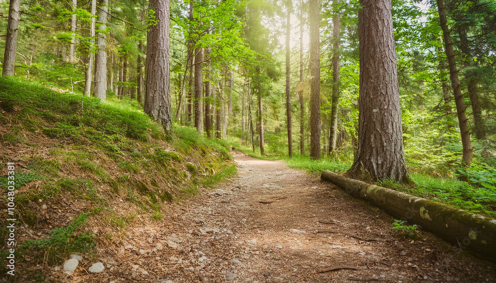 Fototapeta premium a path in a beautiful forest with large trees on either side