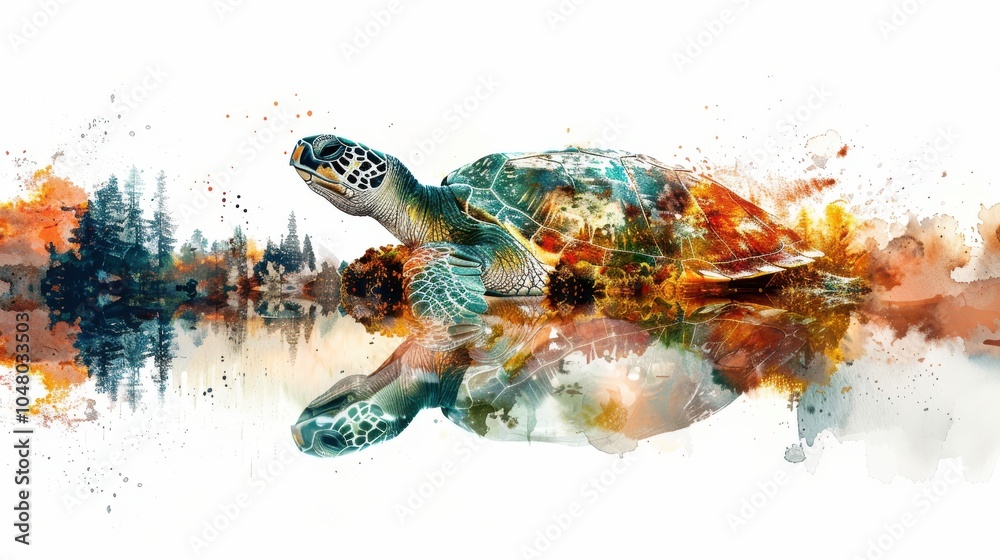 Generative AI A turtle is swimming in a lake with trees in the background. Generative AI A turtle is swimming in a lake with trees in the background.