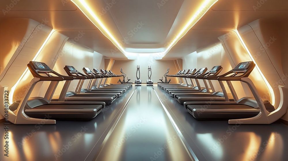 A modern gym interior with rows of treadmills illuminated by warm ...