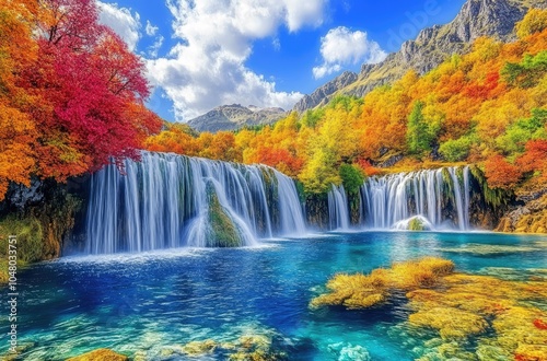 the beautiful nature in Norway, featuring mountains and waterfalls, autumn colors, a rocky stream flowing over rocks into an wide open river with blue sky