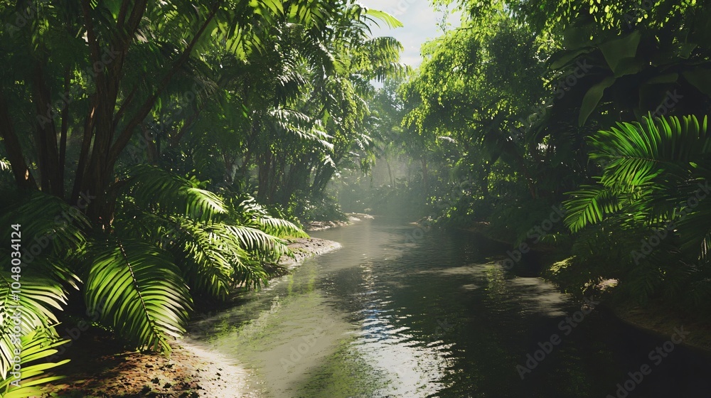 Lush Tropical Jungle with Sunrays Breaking Through Canopy Lush Tropical Jungle with Sunrays Breaking Through Canopy