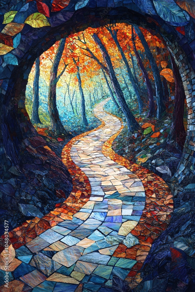 A vibrant mosaic pathway through a mystical autumn forest illuminating nature's breathtaking beauty and serenity A vibrant mosaic pathway through a mystical autumn forest illuminating nature's breathtaking beauty and serenity