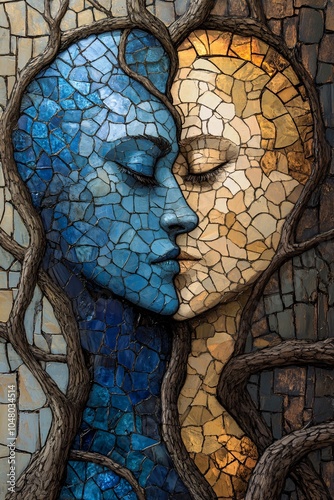 A stunning mosaic depicting the duality of emotion and connection through intertwined faces in vibrant colors and tree-like designs