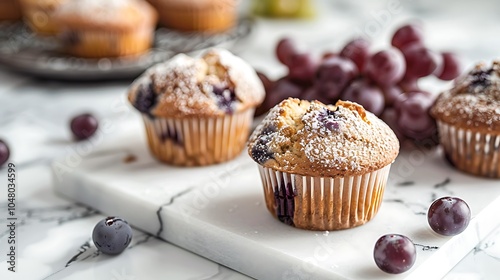 Yummy muffins on a white granite table with creamy and grapes