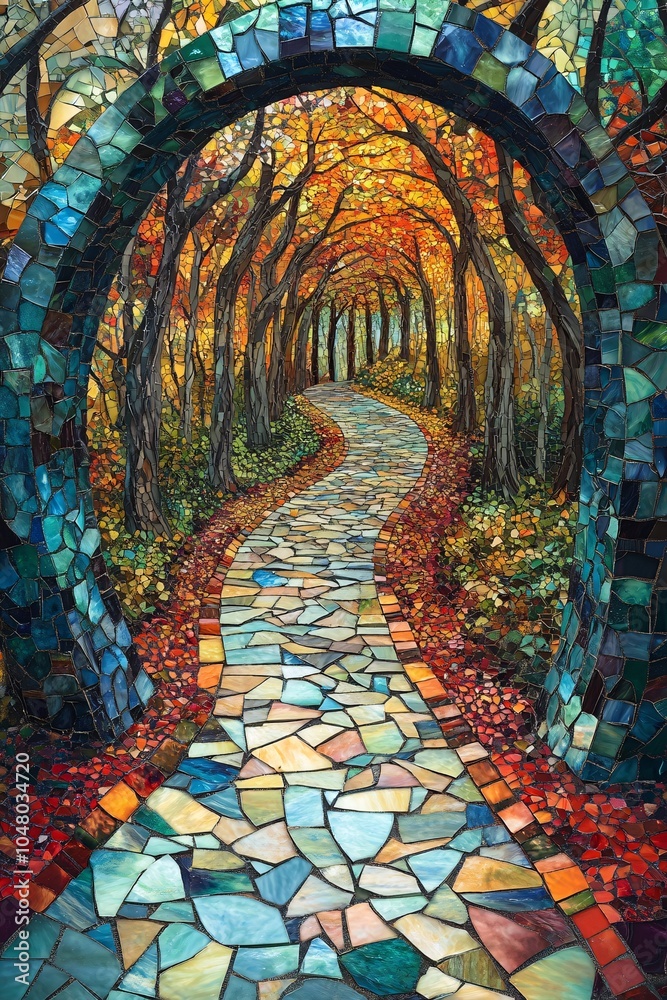 Fototapeta premium A serene path through an enchanted autumn forest framed by a vibrant mosaic archway of colorful leaves and stones