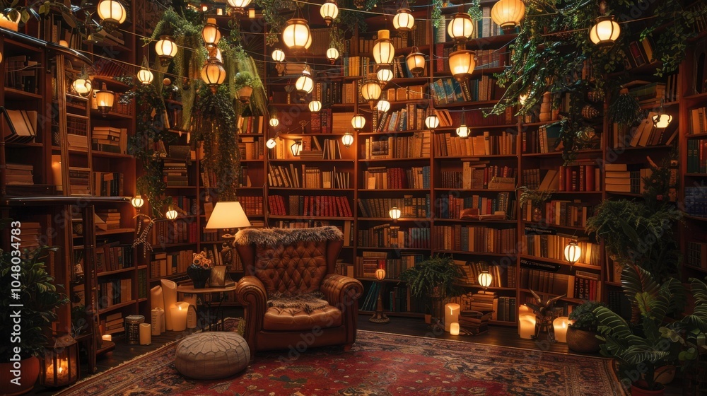 A cozy room with a chair and a lamp, surrounded by many bookshelves. Generative AI A cozy room with a chair and a lamp, surrounded by many bookshelves. Generative AI