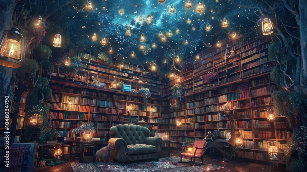A room with a lot of books and a green couch. Generative AI