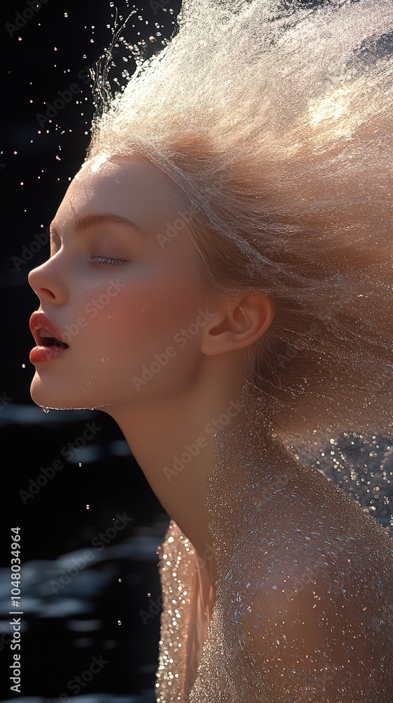 Obraz premium A serene moment of a woman with flowing hair, surrounded by sparkling water droplets at sunset