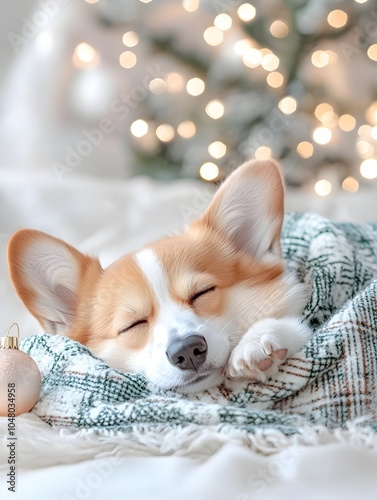 Cozy Corgi Napping Under Christmas Tree Skirt in Festive Tartan Textile