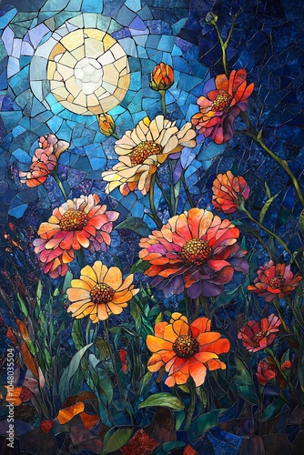 Stunning mosaic of vibrant flowers under a radiant moonlit sky captured in exquisite detail and colorful patterns