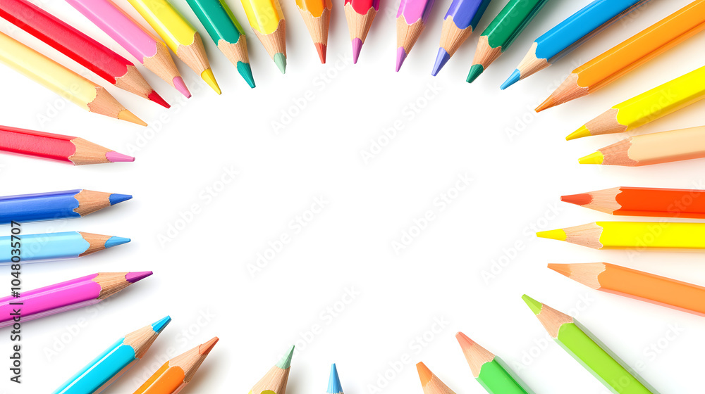 Fototapeta premium A speech bubble with colorful pencils and stationery objects on its border