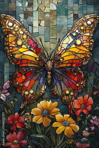 Stunning stained glass butterfly mosaic surrounded by vibrant floral patterns capturing nature's beauty and artistry