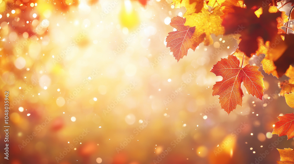 Autumn leaves in vibrant orange and yellow hues create warm, inviting atmosphere, illuminated by soft sunlight and dreamy bokeh effect Autumn leaves in vibrant orange and yellow hues create warm, inviting atmosphere, illuminated by soft sunlight and dreamy bokeh effect