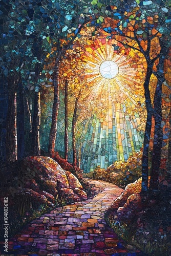 Radiant journey through a mosaic forest embracing nature's splendor and the enchantment of light in a vibrant landscape