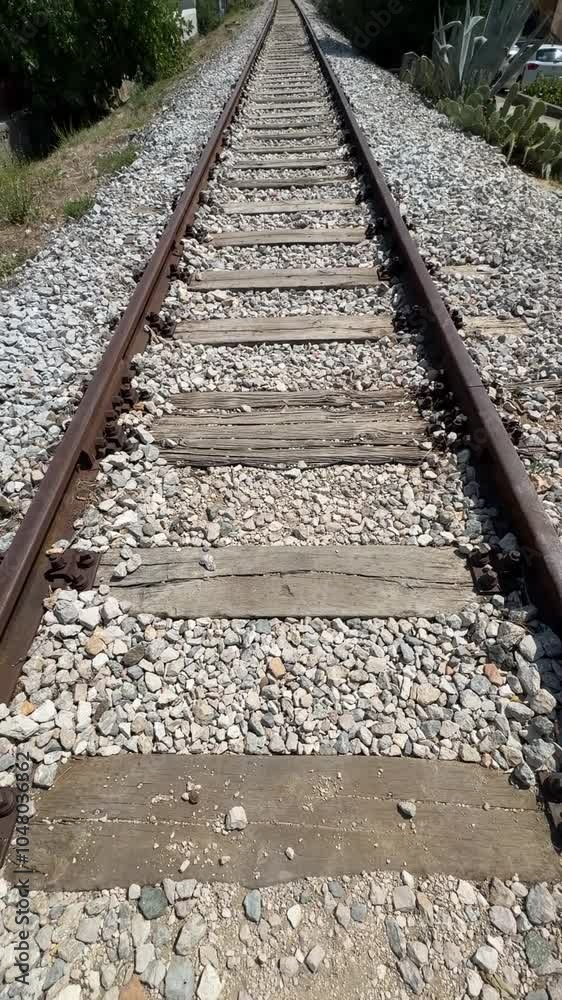 personal perspective tilting up empty railway tracks fading into the distance personal perspective tilting up empty railway tracks fading into the distance