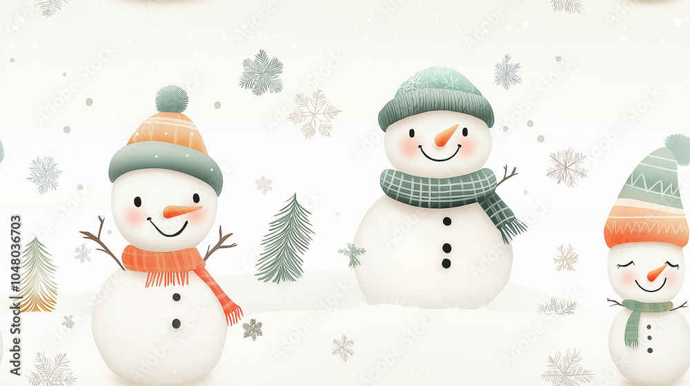 snowmen wearing colorful scarves and hats, surrounded by falling snowflakes and evergreen trees snowmen wearing colorful scarves and hats, surrounded by falling snowflakes and evergreen trees
