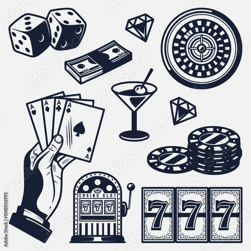 collection of hand drawn casino game elements