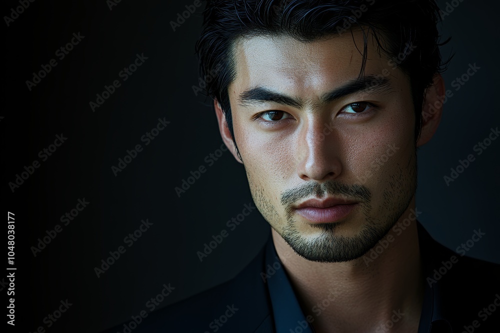 Fototapeta premium カメラ目線の男性が暗い背景で真剣な表情を見せる瞬間のポートレート