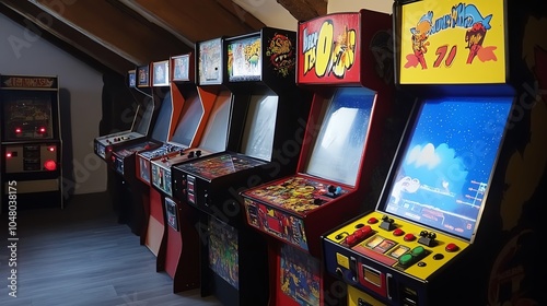 Row of classic arcade game machines in a nostalgic gaming room, showcasing vibrant screens and colorful designs. photo