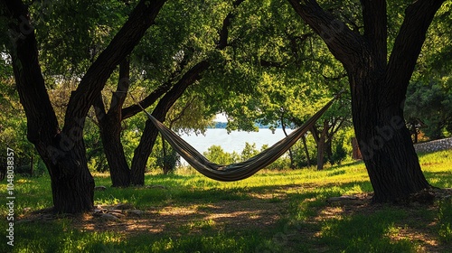 Serene hammock resting between trees, inviting relaxation by a tranquil lake. photo