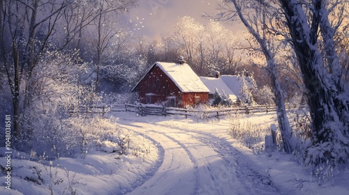 Snow-covered pathway leading to a cozy red cabin surrounded by winter trees and serene white landscapes.