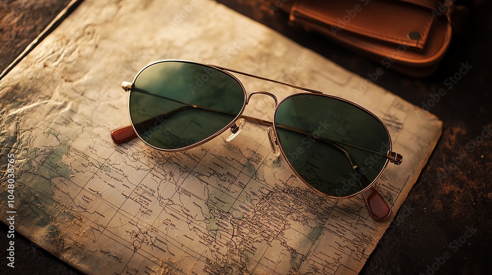 Naklejka premium Stylish green lens sunglasses resting on an old travel map, evoking a sense of adventure and exploration.