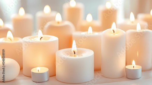 Close-up of glowing candles in a row, warm and serene, Festival of Lights tradition