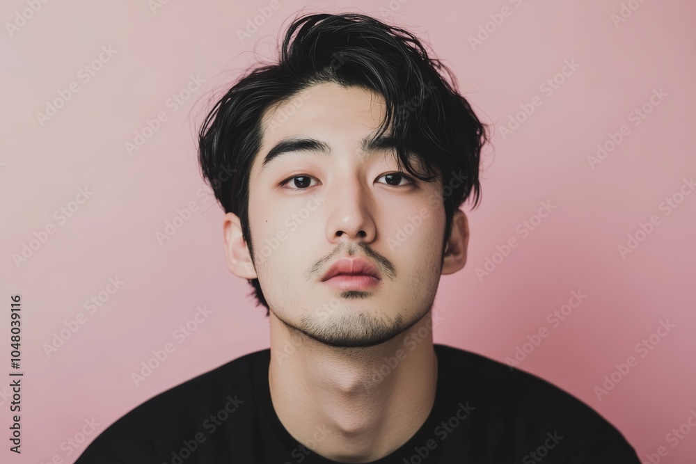 Fototapeta premium ピンクの背景でポーズをとる男性の肖像写真、シンプルで洗練された雰囲気を持つ