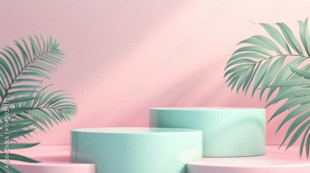 Two mint green circular podium platforms with palm leaves and pink pastel wall background