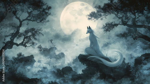 Ethereal nine-tailed fox, revered in japanese mythology, sits contemplatively amidst misty moonlit forest, its wispy. Nine-Tailed Fox. Illustration photo